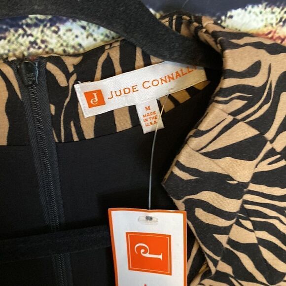 Jude Connally Black Tan Animal Print Stretch Midi Oversized Dress Size M - Picture 11 of 16